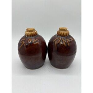 Vintage Hull Brown Glaze Drip Ware Salt Pepper Shakers Set with Original Cork 4"